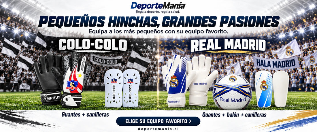 Pequeños hinchas, grandes pasiones. Guantes y canilleras Colo-Colo; guantes, balón y canilleras Real Madrid.