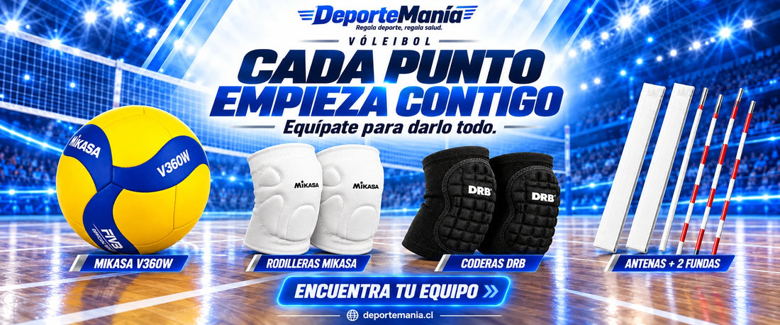 Cada punto empieza contigo. Balón Mikasa V360W, rodilleras Mikasa, coderas DRB y antenas de vóleibol.